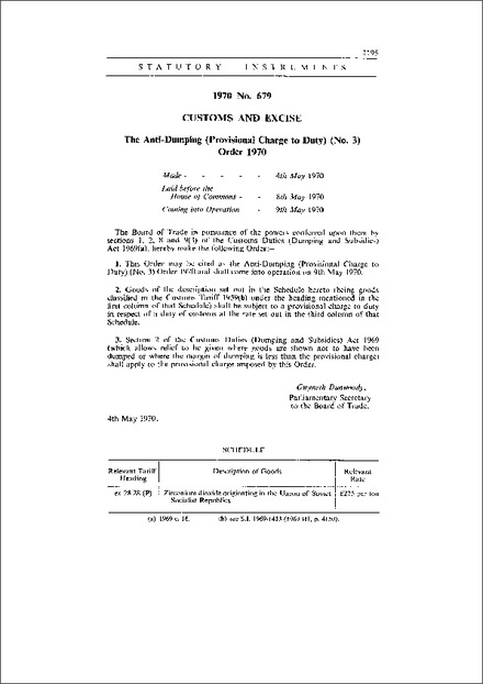 The Anti-Dumping (Provisional Charge to Duty) (No. 3) Order 1970