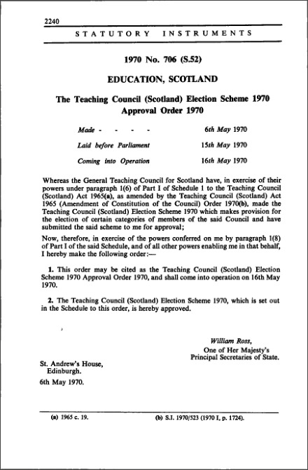 The Teaching Council (Scotland) Election Scheme 1970 Approval Order 1970