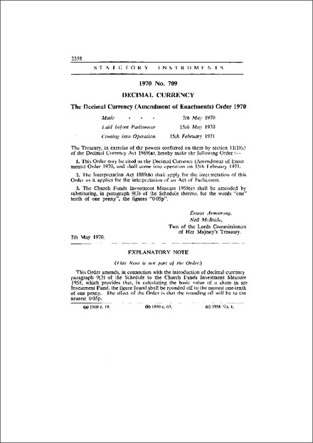 The Decimal Currency (Amendment of Enactments) Order 1970