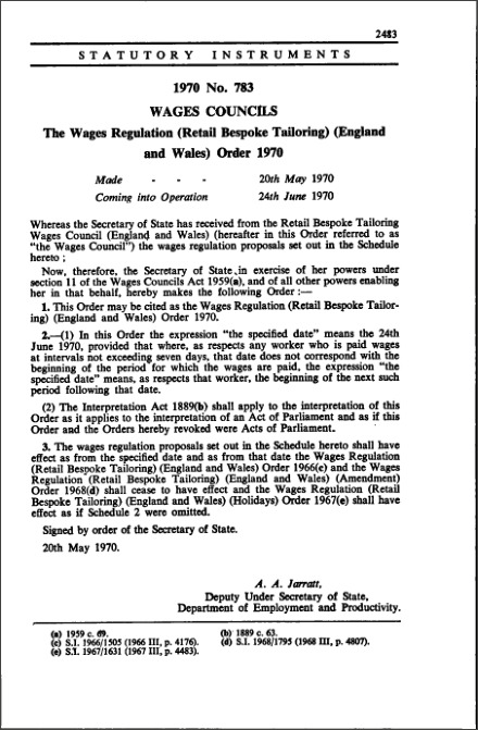 The Wages Regulation (Retail Bespoke Tailoring) (England and Wales) Order 1970