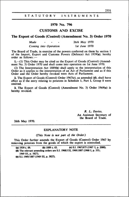 The Export of Goods (Control) (Amendment No. 3) Order 1970