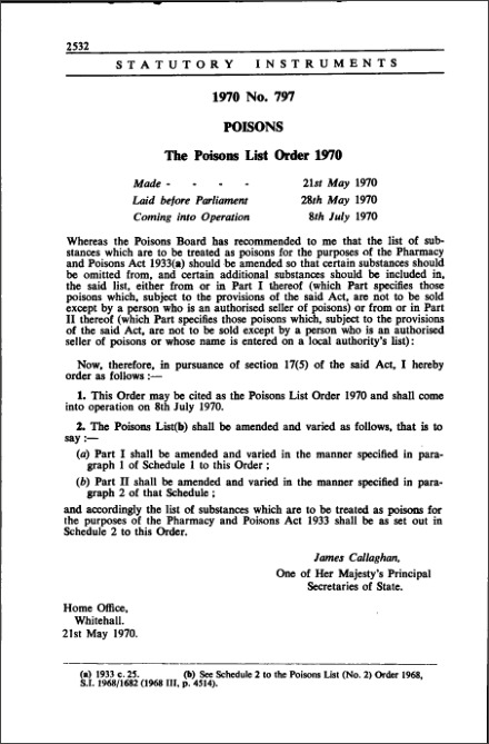 The Poisons List Order 1970