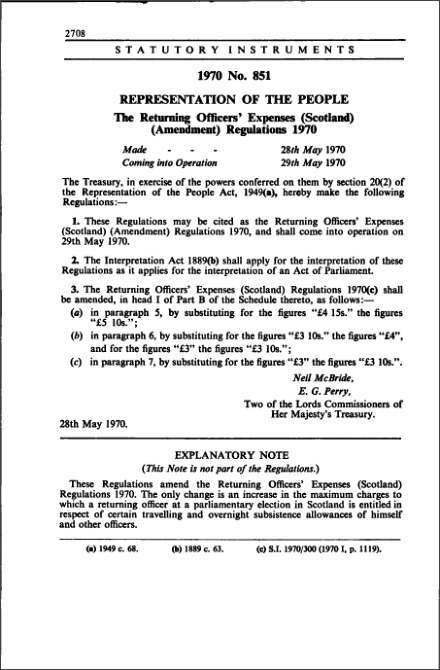 The Returning Officers' Expenses (Scotland) (Amendment) Regulations 1970