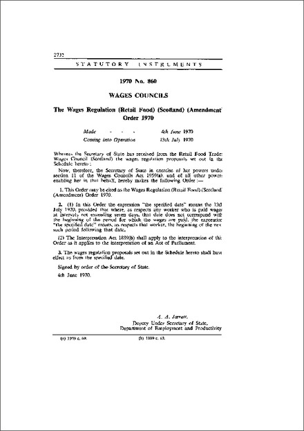 The Wages Regulation (Retail Food) (Scotland) (Amendment) Order 1970