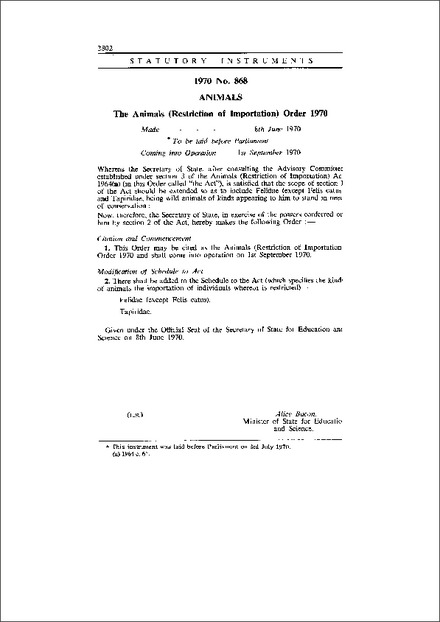 The Animals (Restriction of Importation) Order 1970