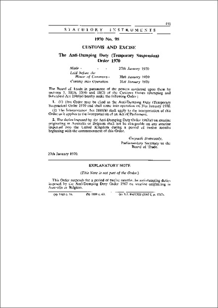 The Anti-Dumping Duty (Temporary Suspension) Order 1970