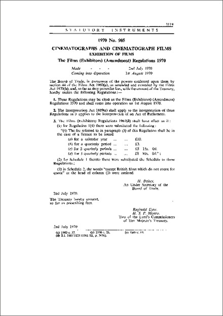 The Films (Exhibitors) (Amendment) Regulations 1970