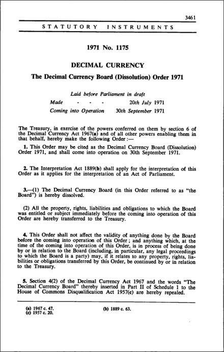 The Decimal Currency Board (Dissolution) Order 1971