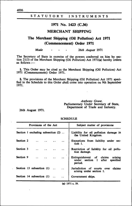 The Merchant Shipping (Oil Pollution) Act 1971 (Commencement) Order 1971