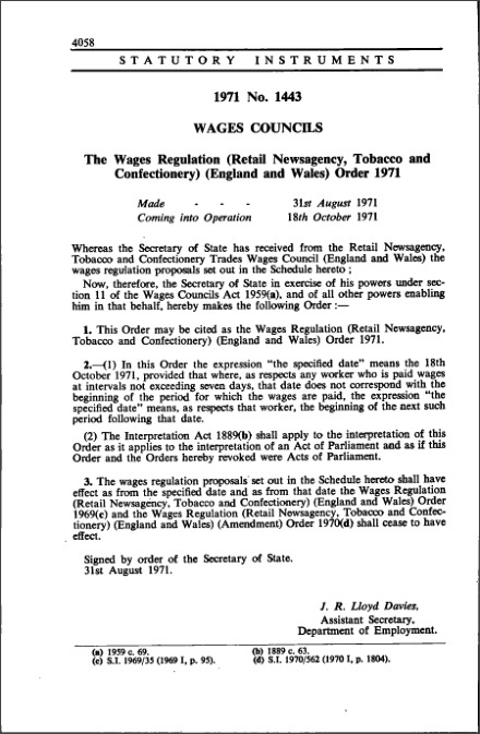 The Wages Regulation (Retail Newsagency, Tobacco and Confectionery) (England and Wales) Order 1971