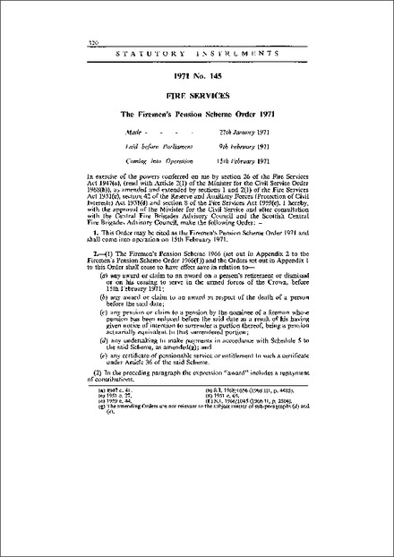 The Firemen's Pension Scheme Order 1971