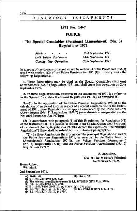 The Special Constables (Pensions) (Amendment) (No. 3) Regulations 1971