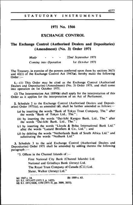 The Exchange Control (Authorised Dealers and Depositaries) (Amendment) (No. 3) Order 1971