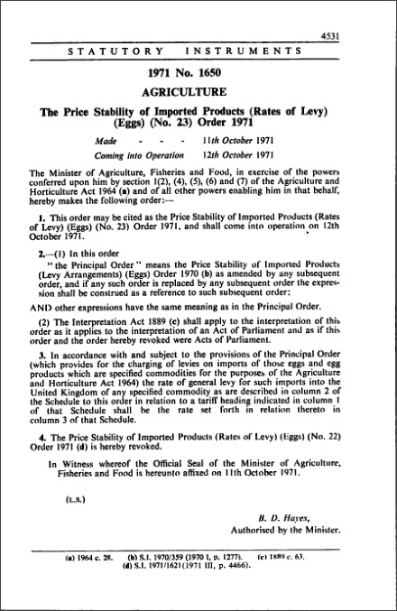 The Price Stability of Imported Products (Rates of Levy) (Eggs) (No. 23) Order 1971