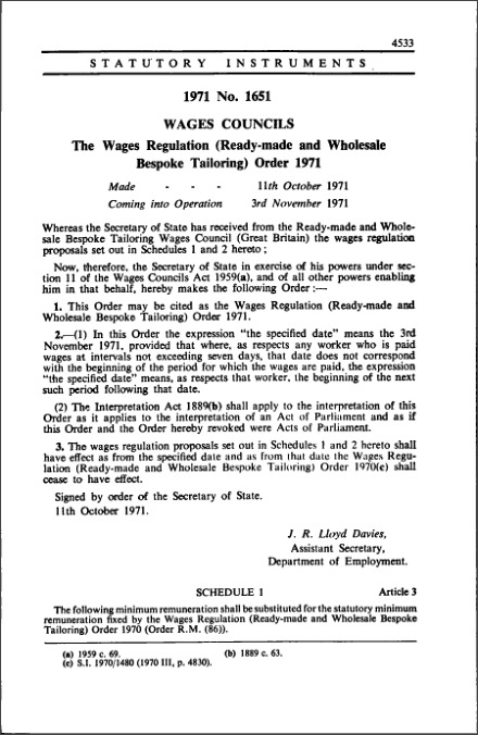 The Wages Regulation (Ready-made and Wholesale Bespoke Tailoring) Order 1971