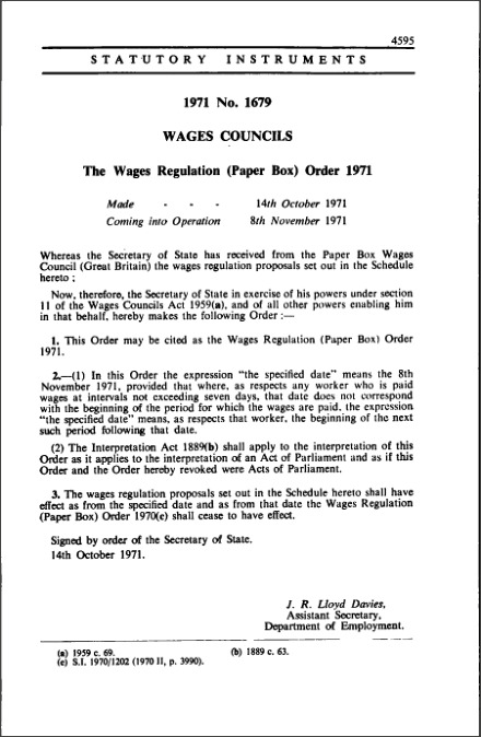 The Wages Regulation (Paper Box) Order 1971
