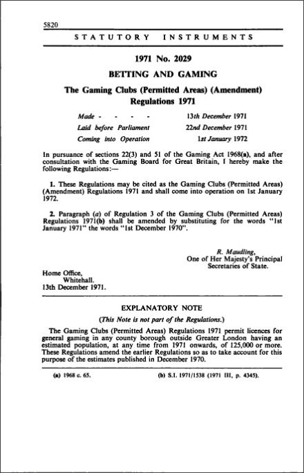 The Gaming Clubs (Permitted Areas) (Amendment) Regulations 1971