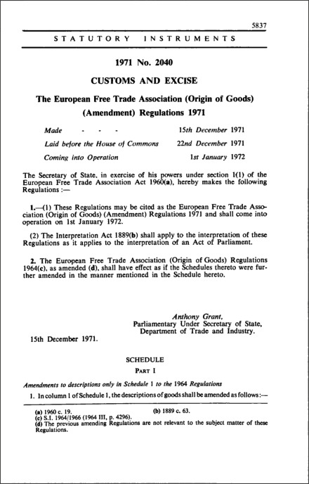 The European Free Trade Association (Origin of Goods) (Amendment) Regulations 1971