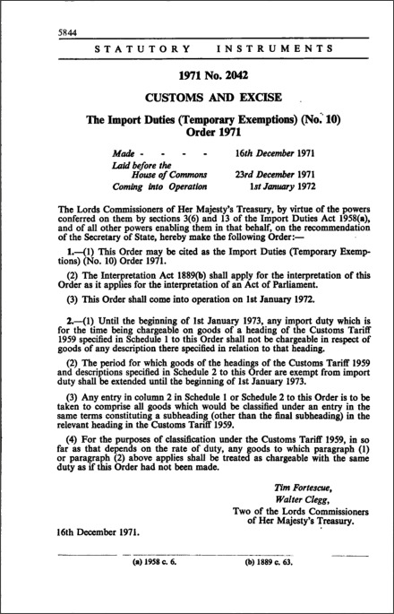 The Import Duties (Temporary Exemptions) (No. 10) Order 1971