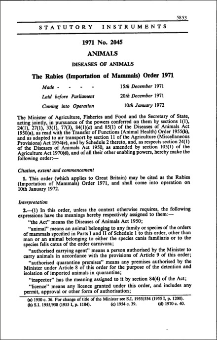 The Rabies (Importation of Mammals) Order 1971