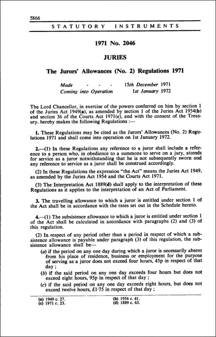 The Jurors' Allowances (No. 2) Regulations 1971