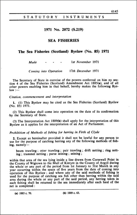 The Sea Fisheries (Scotland) Byelaw (No. 85) 1971