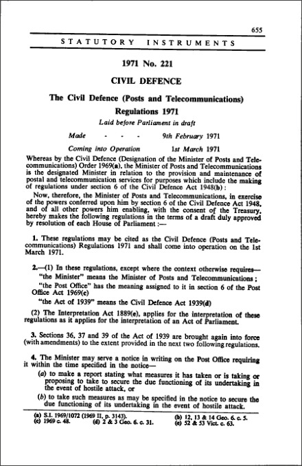 The Civil Defence (Posts and Telecommunications) Regulations 1971