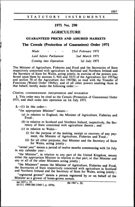 The Cereals (Protection of Guarantees) Order 1971
