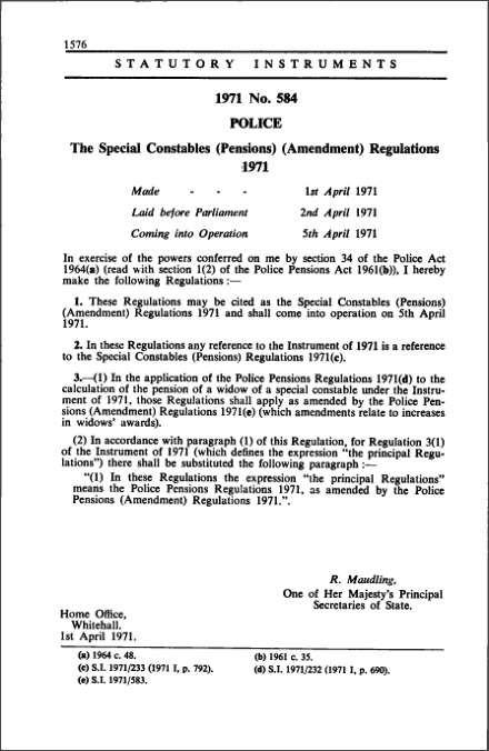 The Special Constables (Pensions) (Amendment) Regulations 1971