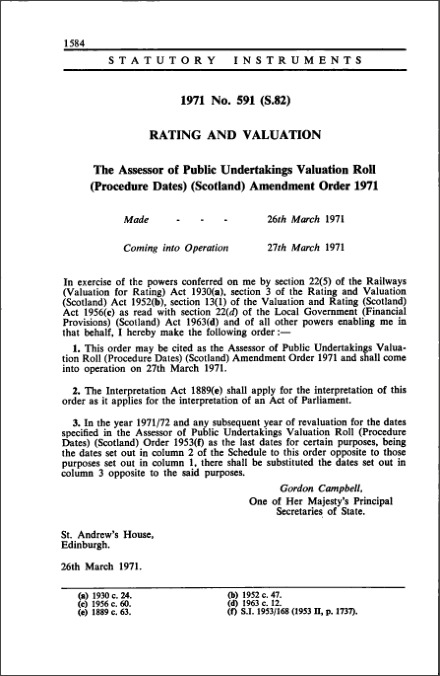 The Assessor of Public Undertakings Valuation Roll (Procedure Dates) (Scotland) Amendment Order 1971