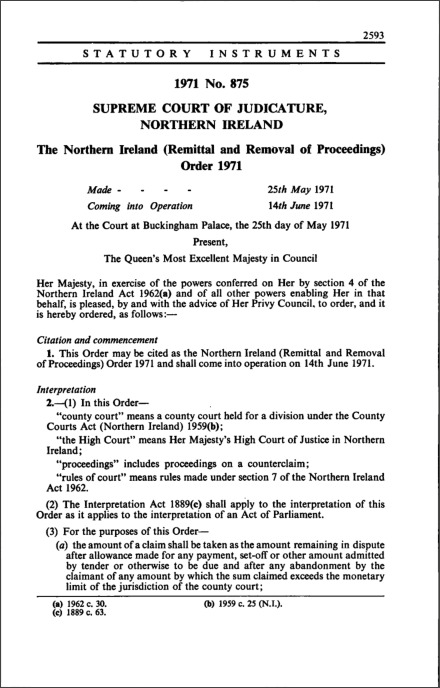 The Northern Ireland (Remittal and Removal of Proceedings) Order 1971