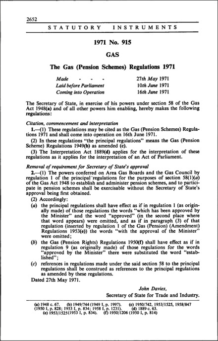 The Gas (Pension Schemes) Regulations 1971