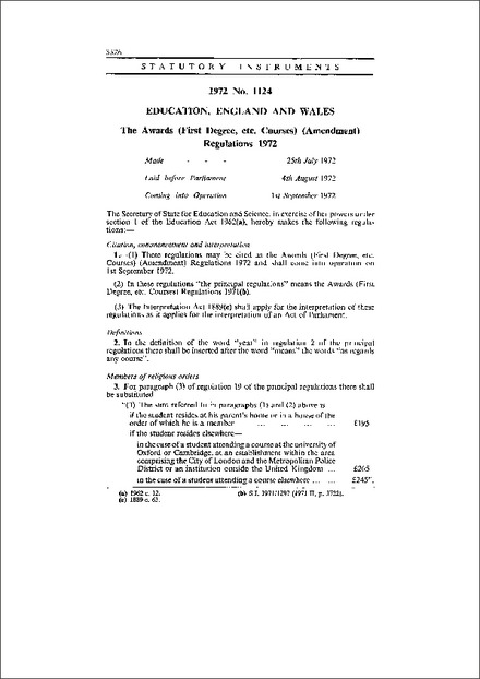 The Awards (First Degree, etc. Courses) (Amendment) Regulations 1972