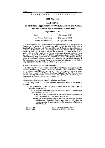 The Medicines (Applications for Product Licences and Clinical Trial and Animal Test Certificates) Amendment Regulations 1972