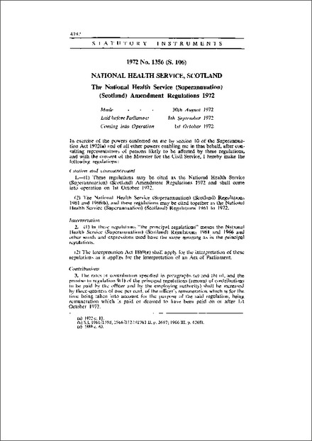 The National Health Service (Superannuation) (Scotland) Amendment Regulations 1972