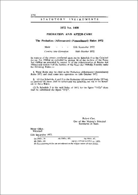 The Probation (Allowances) (Amendment) Rules 1972