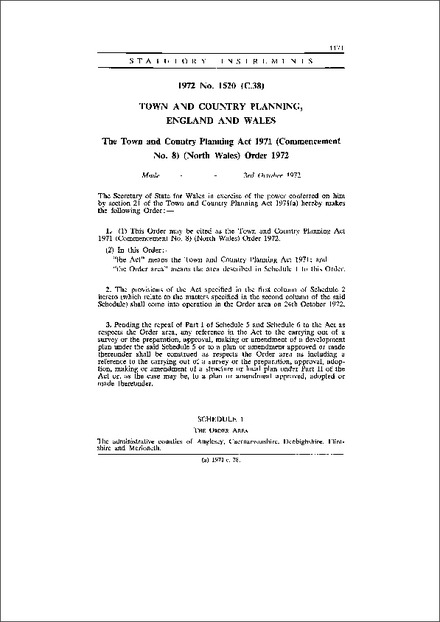 The Town and Country Planning Act 1971 (Commencement No. 8) (North Wales) Order 1972