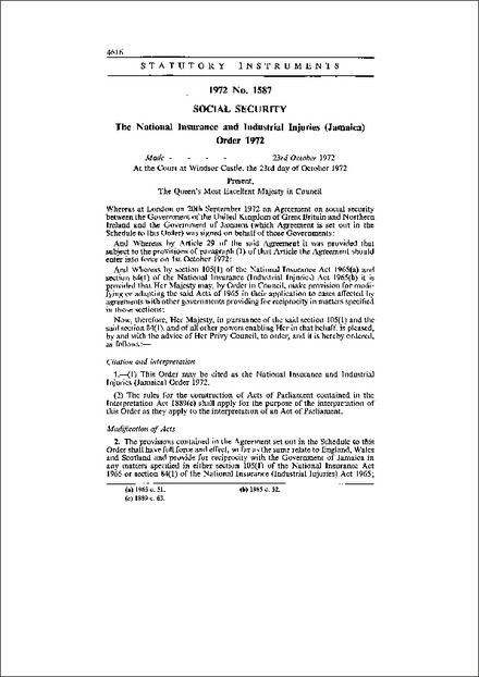 The National Insurance and Industrial Injuries (Jamaica) Order 1972