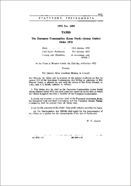 The European Communities (Loan Stock) (Stamp Duties) Order 1972