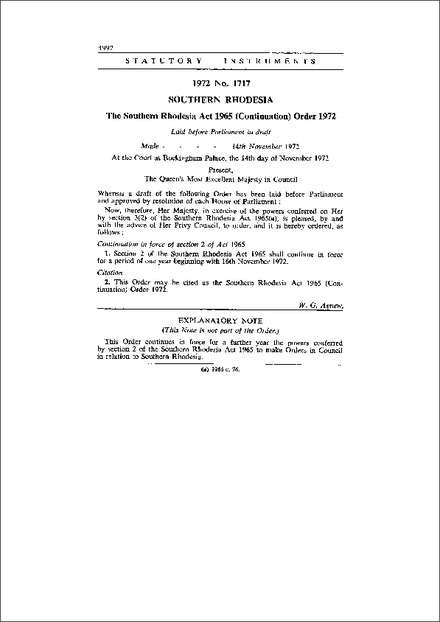 The Southern Rhodesia Act 1965 (Continuation) Order 1972