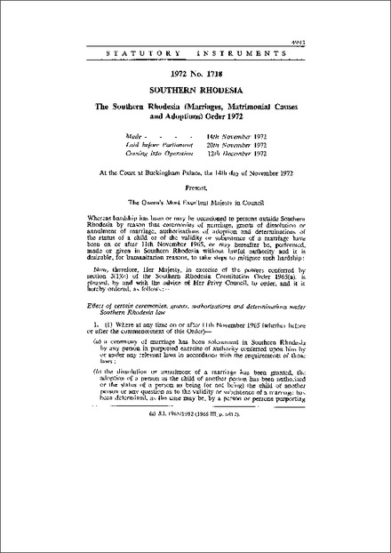 The Southern Rhodesia (Marriages, Matrimonial Causes and Adoptions) Order 1972