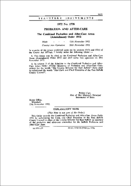 The Combined Probation and After-Care Areas (Amendment) Order 1972