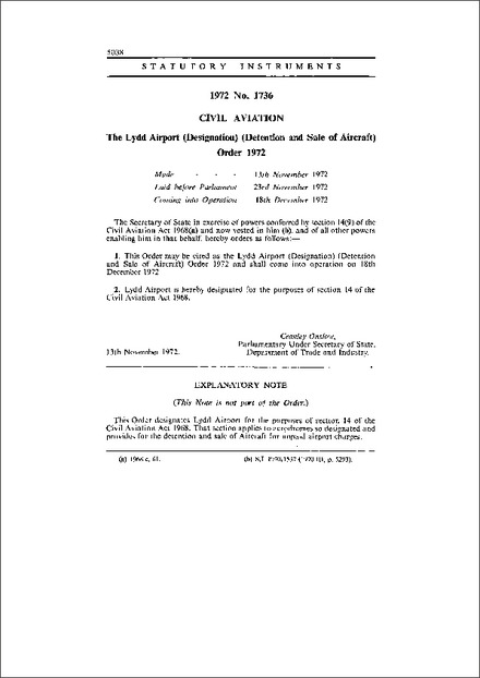 The Lydd Airport (Designation) (Detention and Sale of Aircraft) Order 1972