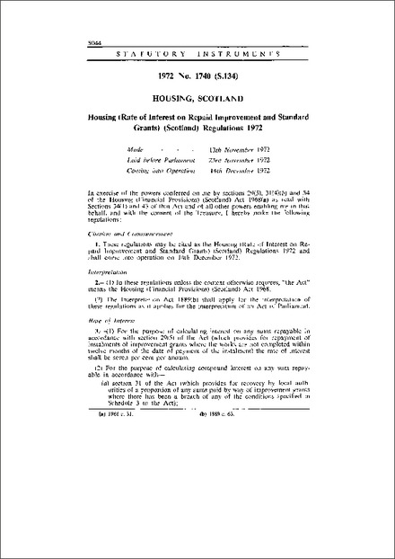 Housing (Rate of Interest on Repaid Improvement and Standard Grants) (Scotland) Regulations 1972