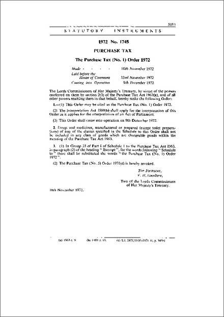 The Purchase Tax (No. 1) Order 1972