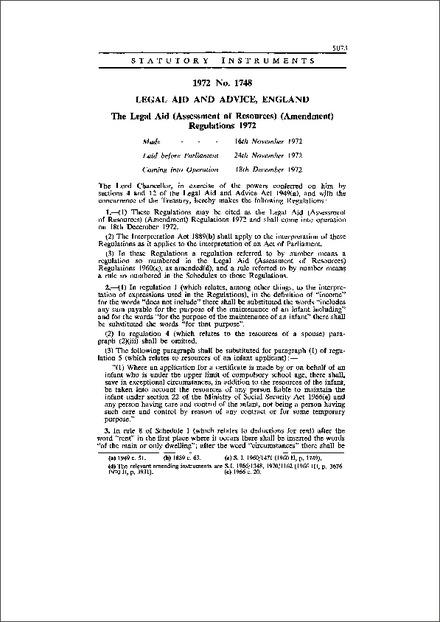 The Legal Aid (Assessment of Resources) (Amendment) Regulations 1972