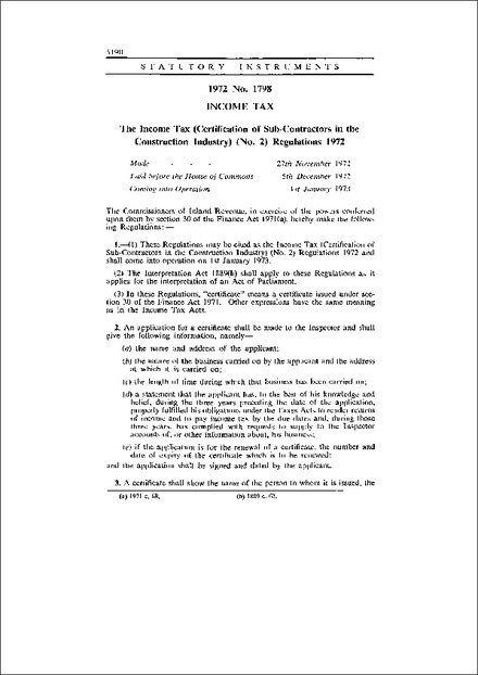 The Income Tax (Certification of Sub-Contractors in the Construction Industry) (No. 2) Regulations 1972