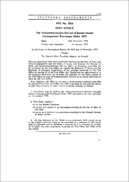 The Telecommunication Services (Channel Islands Consequential Provisions) Order 1972