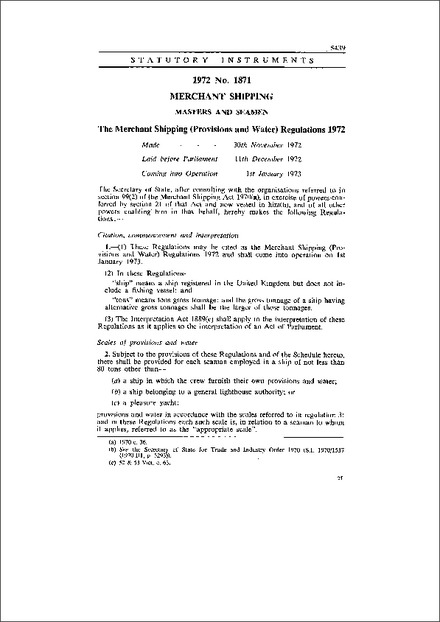 The Merchant Shipping (Provisions and Water) Regulations 1972