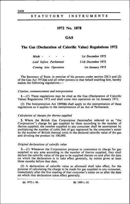 The Gas (Declaration of Calorific Value) Regulations 1972